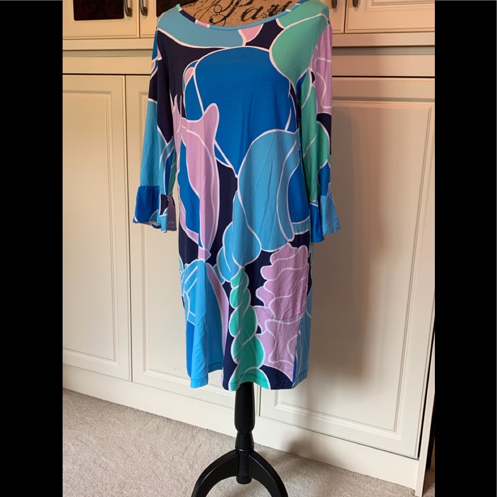 Tori Richard Dress L – Blue Teal & Lavender Print, Boat Neck Light Resort ready